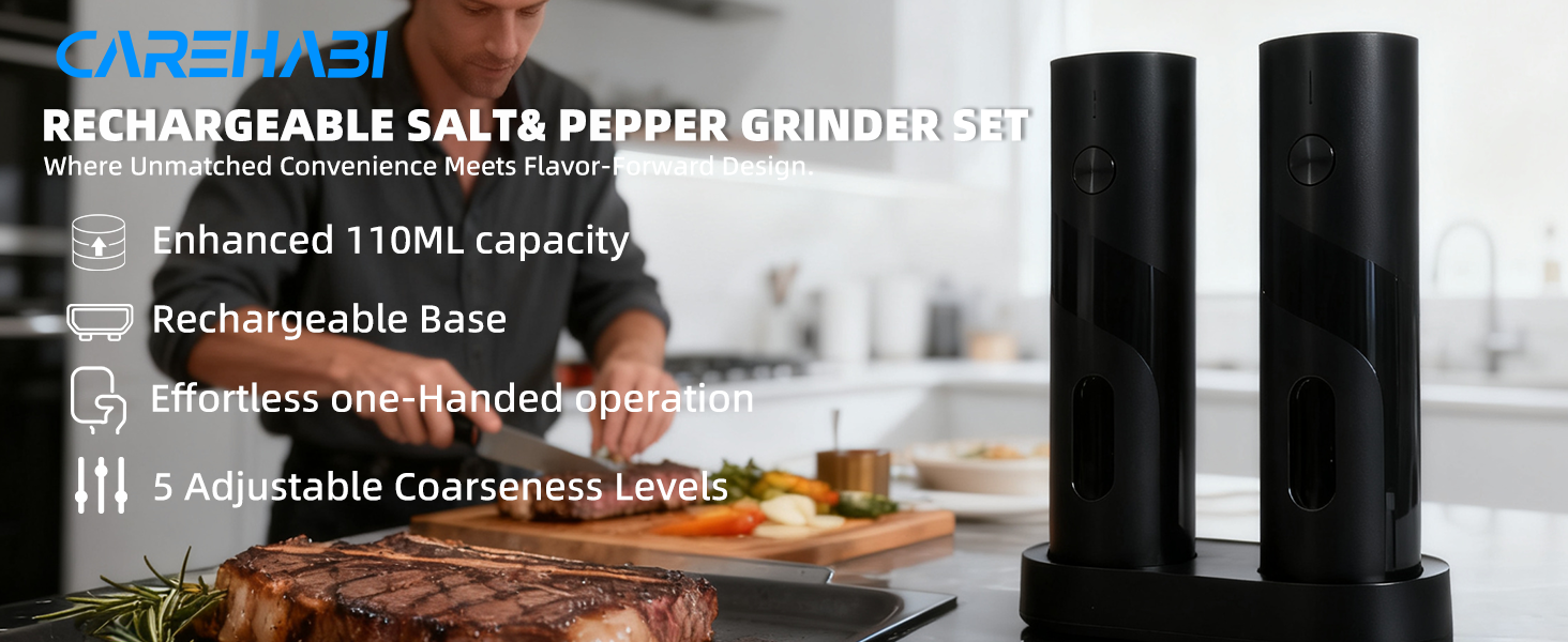Набір електричних мельниць для солі та перцю з заряджною станцією, об'єм 110 мл, 5 ступенів помелу, керамічна млинка, щітка, 2 шт., чорний