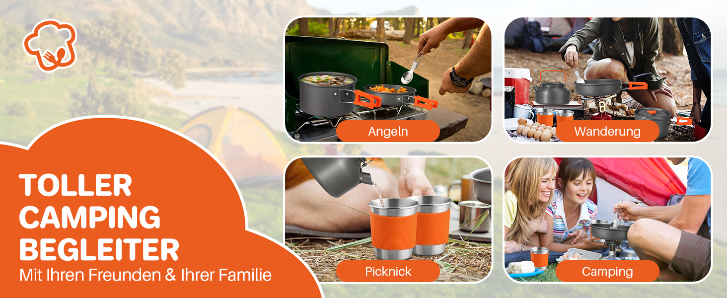 Набір посуду для кемпінгу Funykich 17 предметів: каструлі, сковорідки, чашки, столові прибори. Підходить для 2 осіб, пікніків, походів.