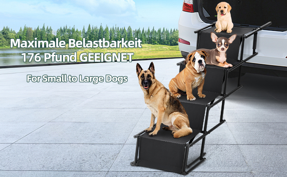 Folding Dog Ramp for Cars - 4 Step Pet Staircase, Up to 80kg, Black - Gentle on Joints