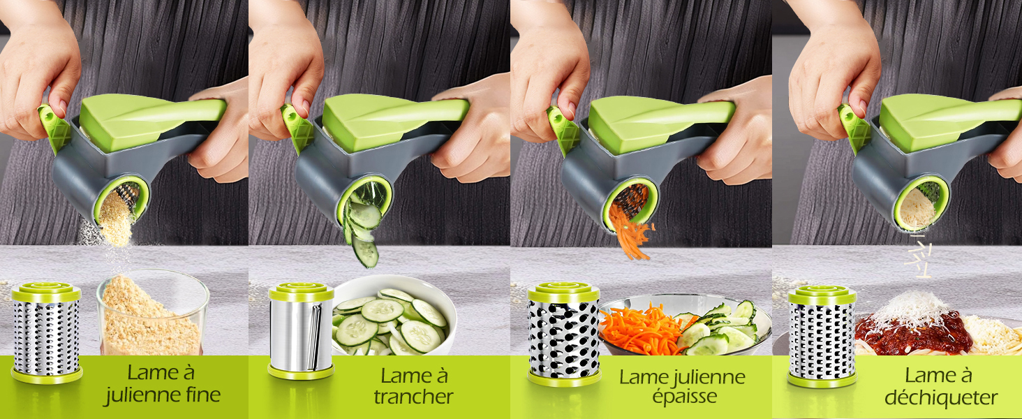 Ручна тертка для овочів 3-в-1 з нержавіючої сталі, Mandoline, терка для сиру з ручкою та 3 змінні леза, для салату, горіхів, фруктів, піци, зелені (терка для сиру сірого кольору)