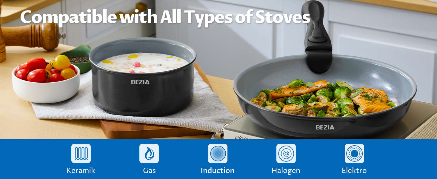 Набір каструль Bezia з керамічним покриттям (9 предметів) - каструлі та сковорідки для індукційних плит, антипригарне покриття, для кемпінгу, сумісні з усіма типами плит, складені, набір сковорідок, придатні для духовки