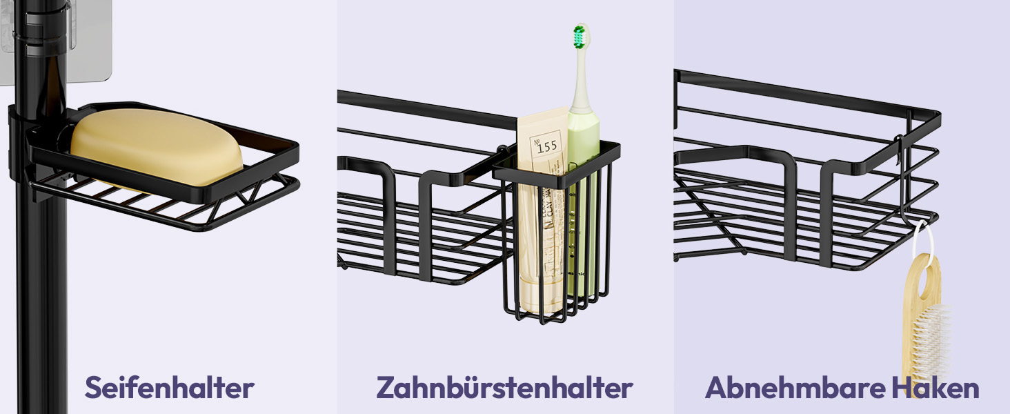 Регульована поличка для душу SWTYMIKI з нержавіючої сталі, 4 яруси, з мильницею, тримачем для зубних щіток та 4 гачками, 70-275 см, чорний (без свердління)