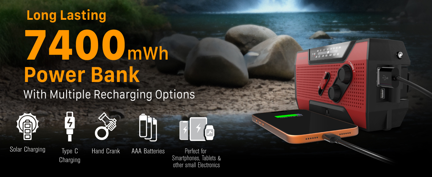 Радіоприймач FosPower NOAA/AM/FM з Power Bank 19240 мАг (5200 мАг) - Сонячна/USB зарядка, ручна динамо-машина, SOS-сигнал, ліхтарик, помаранчевий (Модель A1)