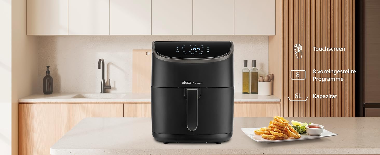 Фритюрниця Ufesa Phantom AF5000 з гарячим повітрям, 5L, Wi-Fi, LED-дисплеєм, 1500W, ексклюзив від Amazon, з функцією приготування на пару (6L)