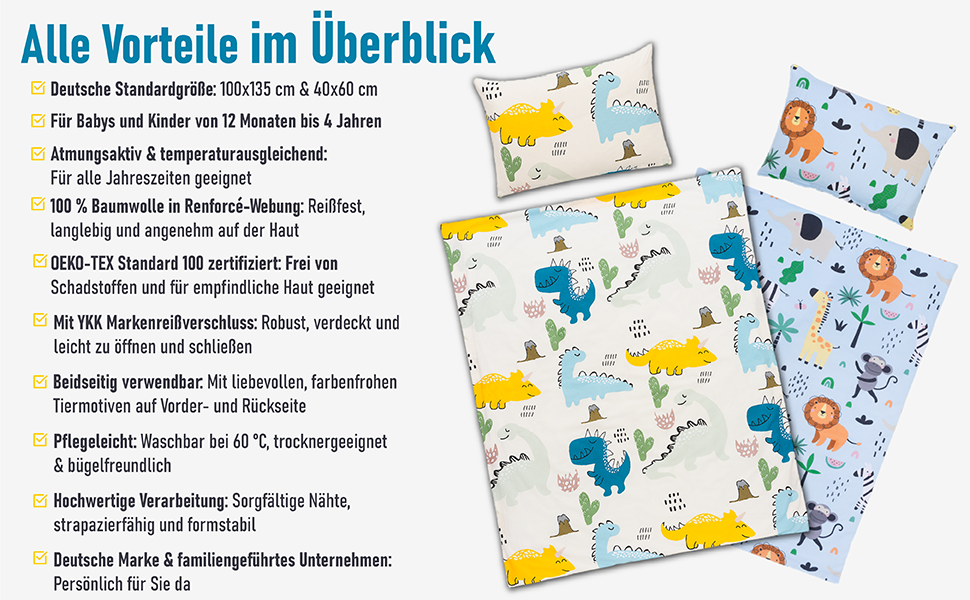 Комплект постільної білизни для ліжечка Kinderbettwäsche з динозаврами 100x135/40x60, 100% бавовна, для хлопчиків, прання при 60°C