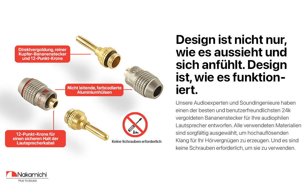 З'єднувачі банани Nakamichi FanLock Excel-Serie 24K, 10-18 AWG, 4 мм, для аудіокабелів, 4 шт. (2 пари)