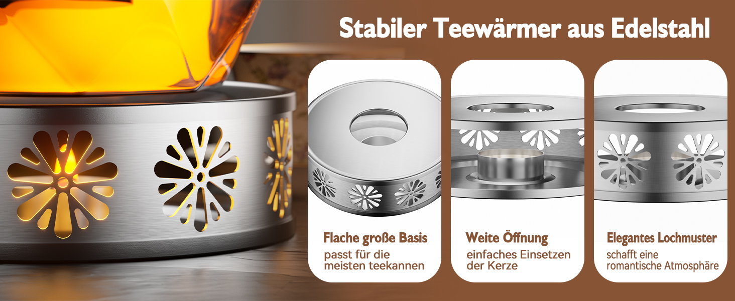 Скляний чайник STNTUS з підігрівачем та ситечком для листового чаю, 1.2 л, нержавіюча сталь
