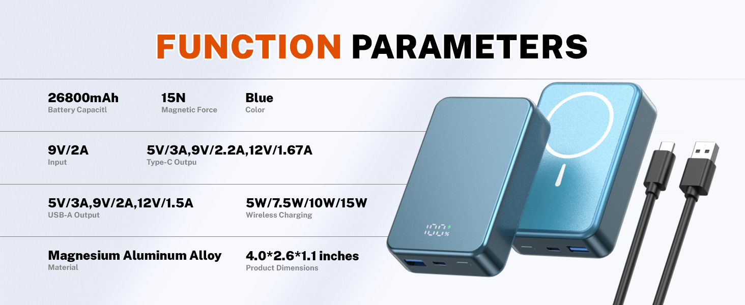 Магнітний Power Bank бездротової зарядки 26800mAh, швидка портативна зарядка з USB-C, для iPhone 16/15/4/13/12 та Android