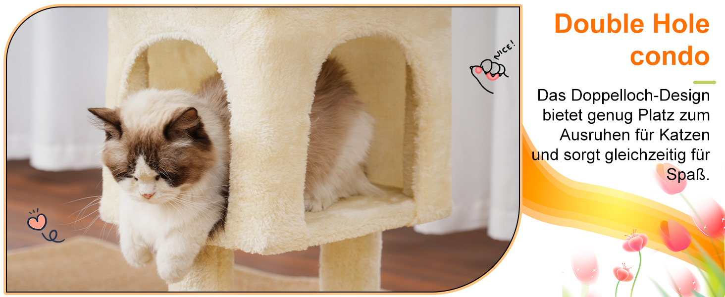 Котячий будиночок Heybly Kratzbaum: 100 см, з платформою, печерею, 2 гамаками та іграшками. Активний котячий будиночок, HCT006SG (Бежевий)