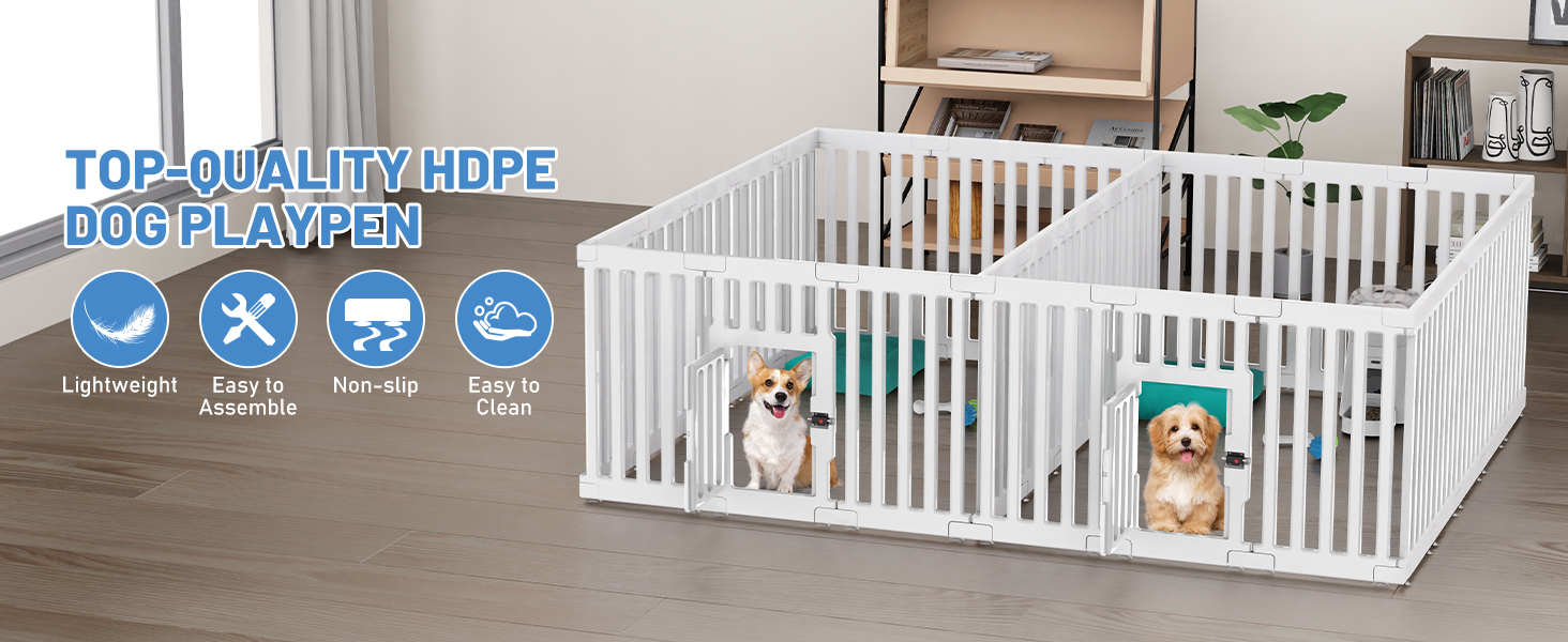 Клітка для цуценят Indoor 65 см, пластикове огородження з неслизькими присосками, вольєр для маленьких собак, 18 панелей (200 x 168 x 65 см), з двома секціями