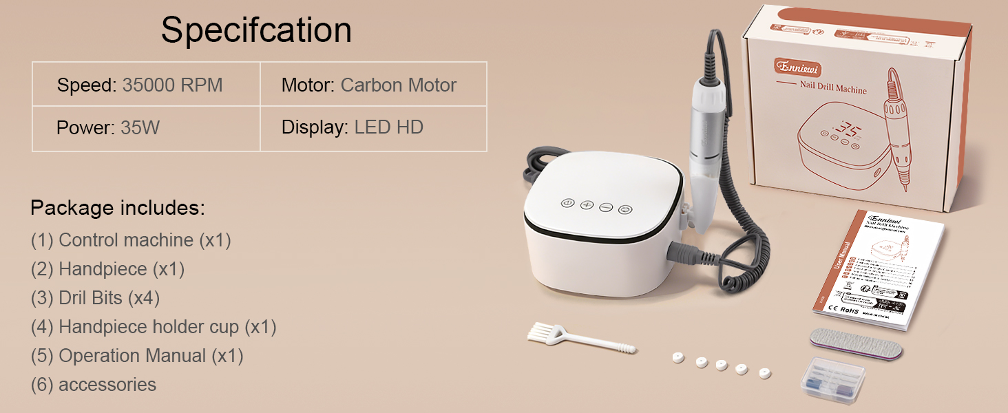 Електричний фрезер для нігтів Nagelfräser 35000 об/хв з LED дисплеєм, 35W, для манікюру та педикюру, білий