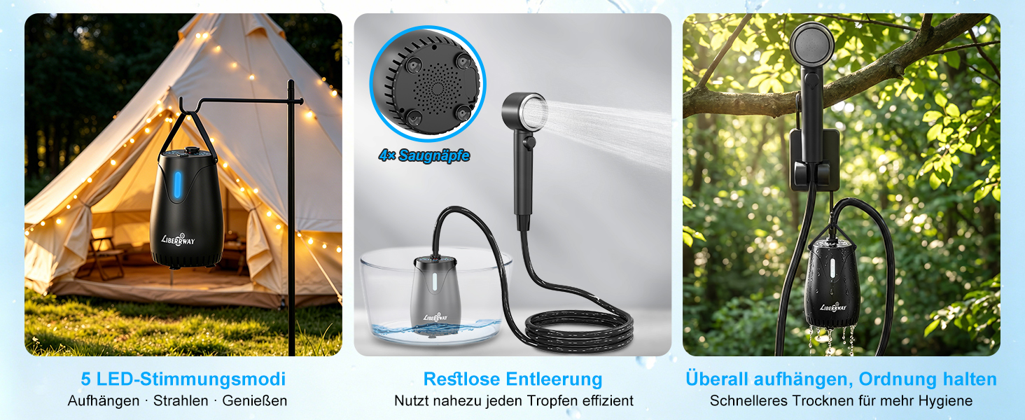 Портативний акумуляторний душ LIBERRWAY Campingdusche 8000mAh для кемпінгу, саду, авто – IPX8, 5 режимів, 2м шланг