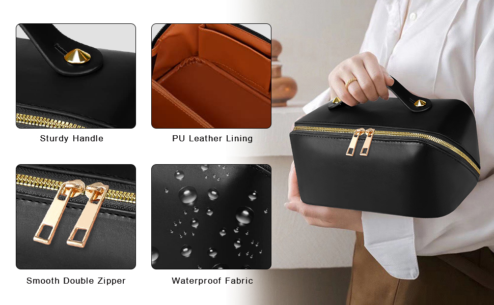 Косметичка для подорожей жіноча, велика містка, з PU шкіри, органайзер для макіяжу, культбагаж, косметичка для аксесуарів у подорожах, чорна гладка