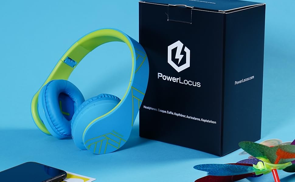 Дитячі навушники PowerLocus Bluetooth з обмеженням гучності 85dB, складні, з чохлом, Over-Ear, бездротові та з кабелем, з мікрофоном, Micro-SD, для телефону, ПК, планшета, зелені (синьо-зелені)