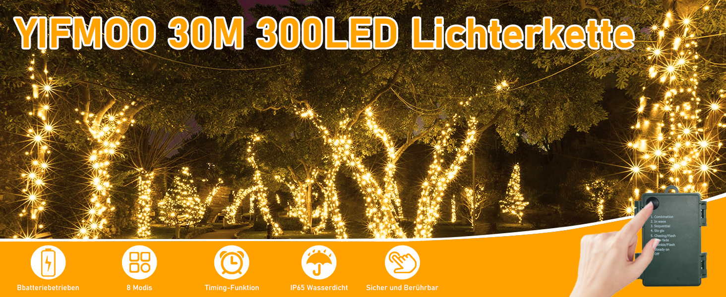 Гірлянда світлодіодна 30м, 300 LED, з таймером, 8 режимів, водонепроникна, зелений кабель, тепле біле світло, для декору, вечірок, саду, Нового року