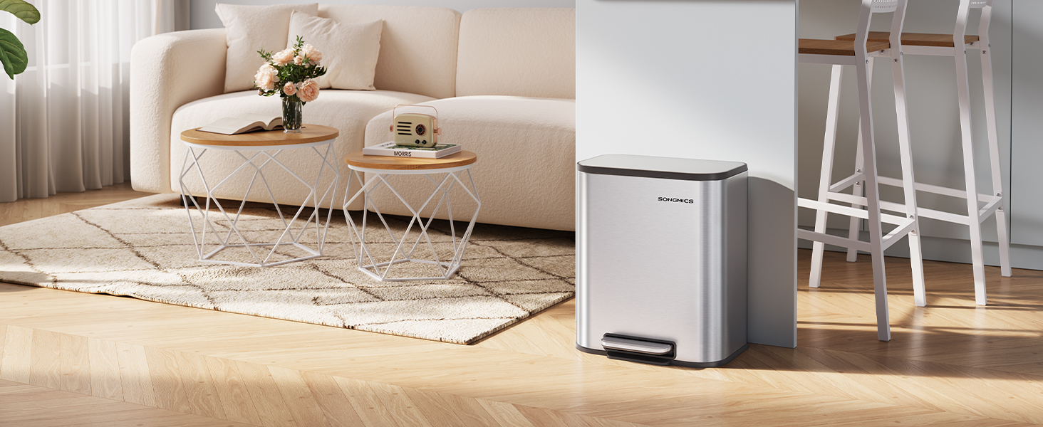 Відро для сміття SONGMICS 20 л з кришкою, з педаллю, сталеве, Soft-close, з внутрішнім відром, біле, LTB542W02