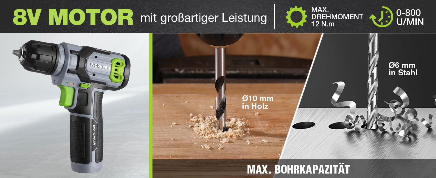 WORKPRO 8V Акумуляторний дриль-шуруповерт, комплект з кейсом, 2000 mAh, 10 мм патрон, 12 Н·м, LED, 21 шт. аксесуарів, для ремонту та DIY, сірий & зелений