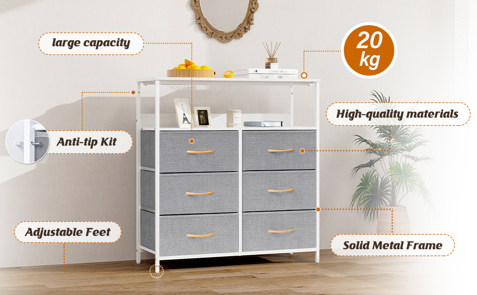 LYNCOHOME Chest of Drawers with Fabric Drawers, Sideboard Entryway Cabinet with 6 Fabric Drawers and Compartments, Drawer Organizer Furniture for Kitchen Office Bedroom (Snow Grey)