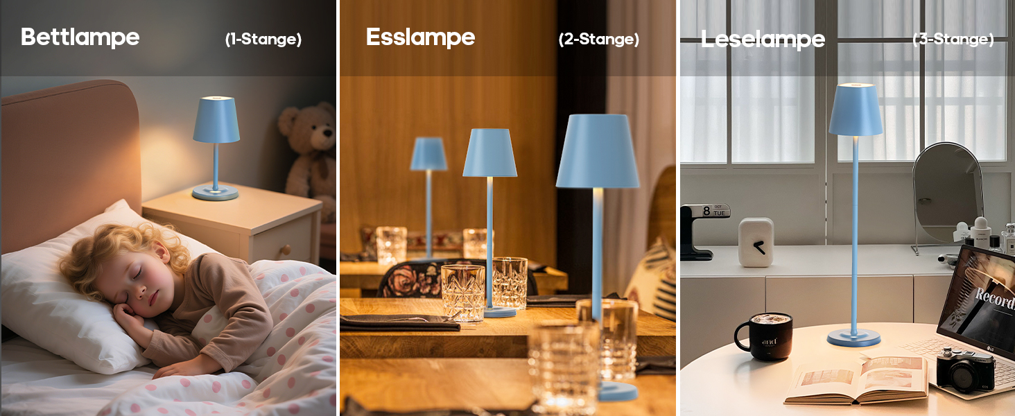 Світлодіодна настільна лампа 3-в-1 бездротова з акумулятором 5500mAh, регульована висота, димування, 3 кольори світла - USB лампа настільна металева водонепроникна сенсорна для дому та вулиці, комплект 2 шт. (Синій, 38.5x11.2x11.2 см)