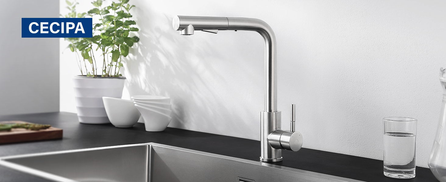 Змішувач кухонний висувний CECIPA з донним виливом, нержавіюча сталь, 2 режими, 360° оберт, високий тиск
