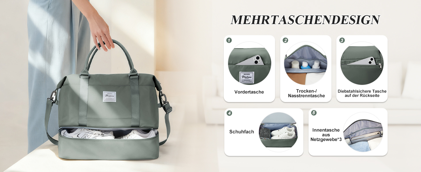 Спортивна сумка для жінок Easyjet 45x36x20 (32L) - водонепроникна дорожня сумка, фітнес-сумка з відділенням для взуття, сірий/армійський колір