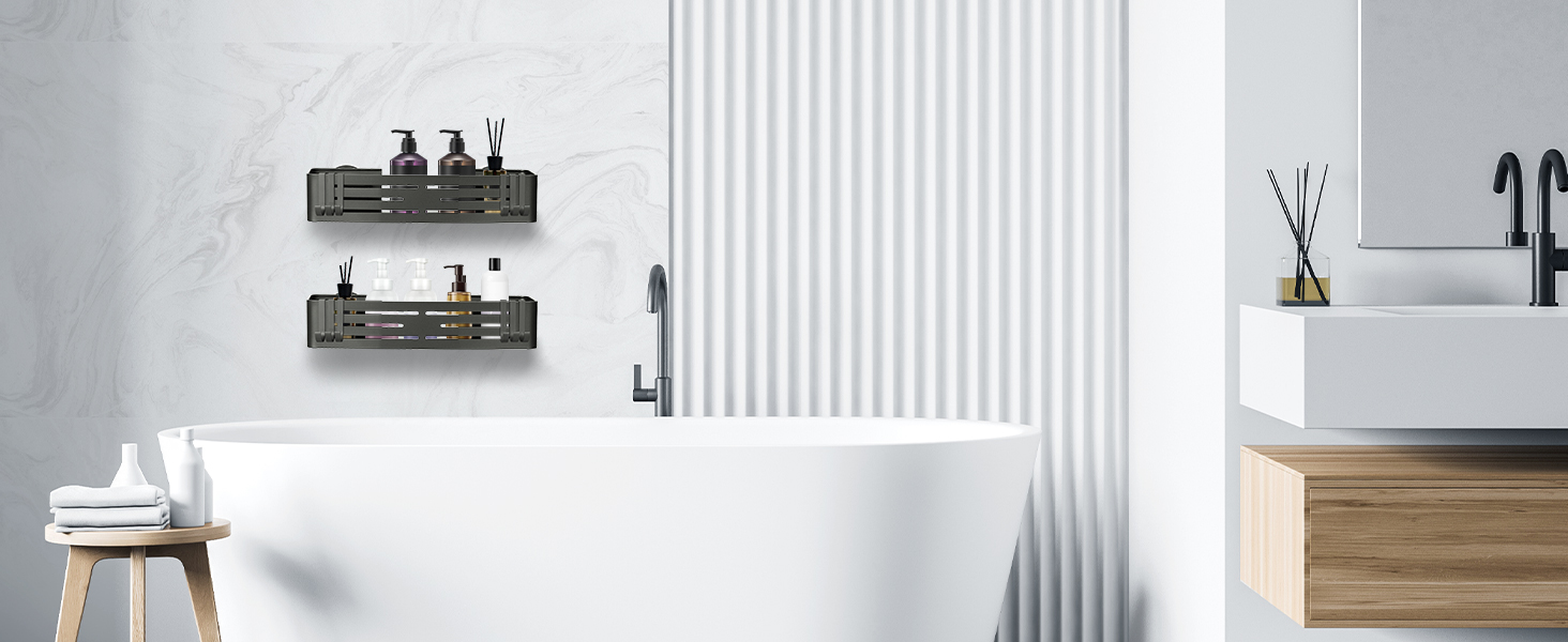 Поличка для душу Lekesky без свердління, кутова, з міцними присосками, алюміній, нержавіюча сталь, знімна, для ванної кімнати, кухні, орендованого житла (набір 2 шт.), колір: Gunmetal Grey, прямокутна