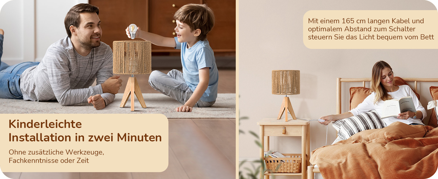 LED настільна лампа EDISHINE з абажуром з ручної роботи та дерев'яною ніжкою, 2700K, тепле біле світло, бохо стиль, для спальні, вітальні, готелю, з лампочкою E27 4W, в'язаний паперовий шнур