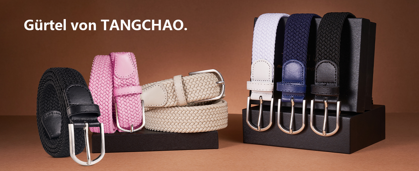 Тканинний ремінь TANGCHAO: еластичний плетений ремінь для жінок та чоловіків, ширина 3.3 см, довжина 90-135 см (білий, багатокольоровий, 120 см)