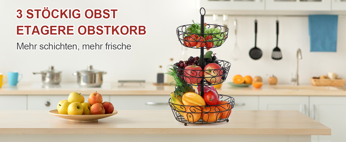 Металева етажерка для фруктів Stöckig 3 яруси - кошик для зберігання фруктів, чорний, для кухні, вітальні, офісу