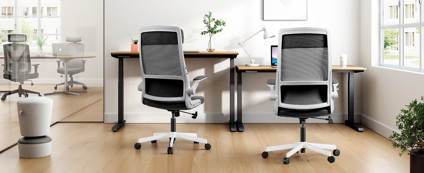 Ергономічне крісло для офісу з регульованою підголівником, крісло для робочого столу з сітки, відкидні підлокітники, широке сидіння, функція гойдання, комп'ютерне крісло EN 1335, офісне крісло 200 кг (чорно-біле)