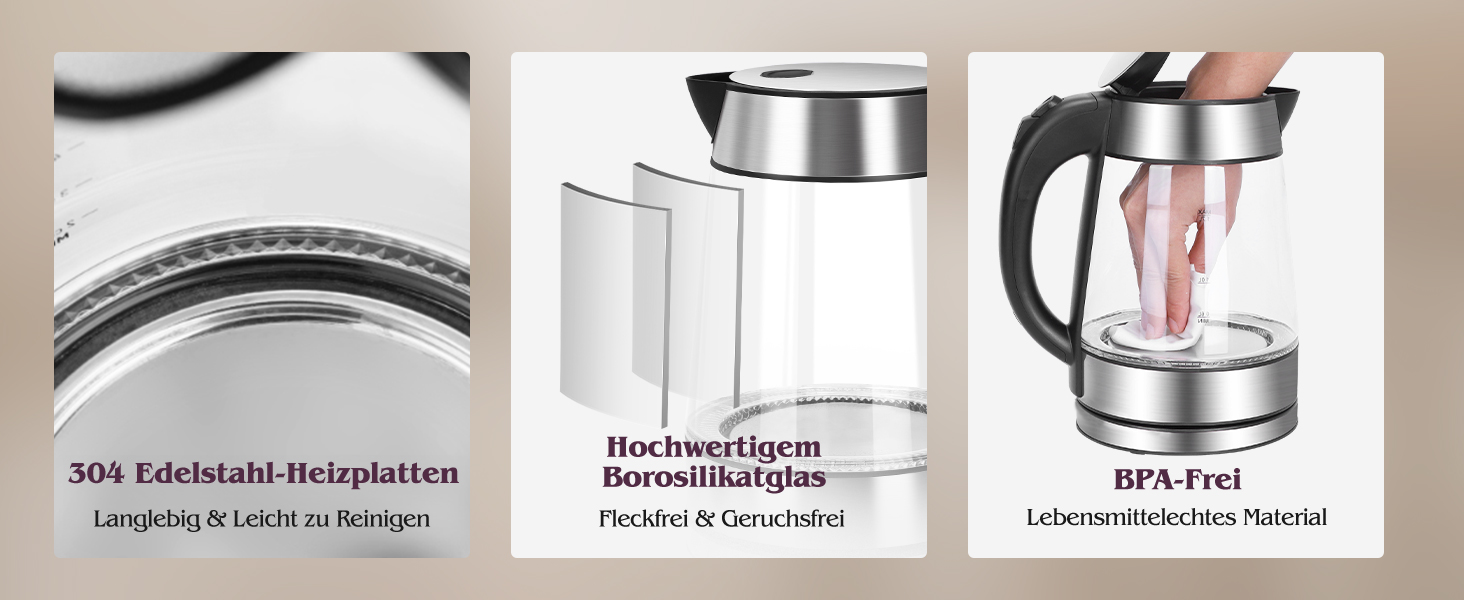 Електричний чайник Aigostar 1.7л, 2200W, LED, без BPA, скло Borosilikat, фільтр від накипу, чорний (Chubby)