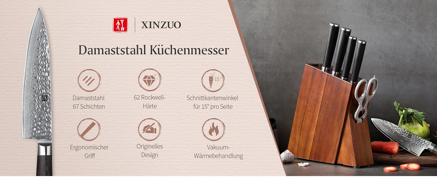 Набір ножів XINZUO Damaststahl 7 предметів: професійний кухонний набір з блоком - шеф, сантоку, накірі, універсальний, для фруктів. Ергономічна ручка Pakkaholz, блок з акацієвого дерева, кухонні ножиці.