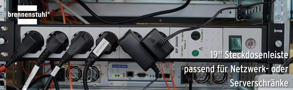 Бренненштуль Premium-Line Розподільний блок розеток 6-fach з захистом від перенапруги 60 000 A (формат 19', кабель 3м, з вимикачем, Made in Germany) чорний/сірий (струмопровідний заземлювач 30 000 A)