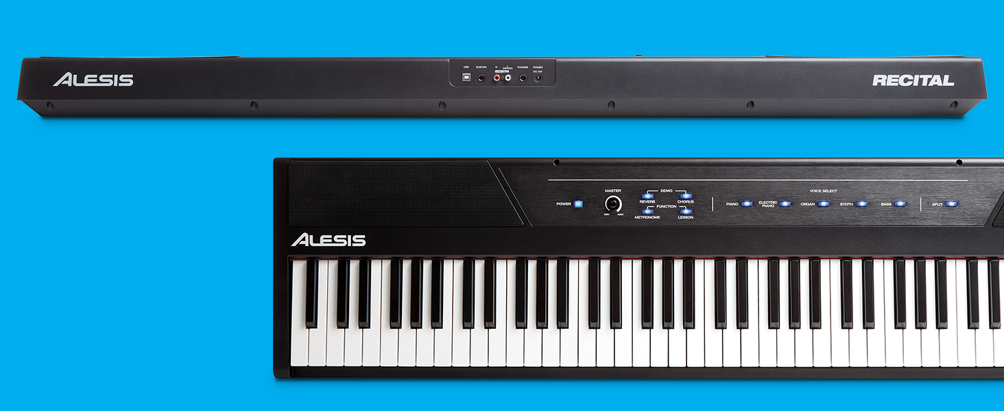 Alesis Recital - Електронне піаніно 88 клавіш для початківців з напівзваженими клавішами, динаміками, 5 преміум-звуками, виходом для навушників та підпискою на уроки гри на піаніно, чорного кольору