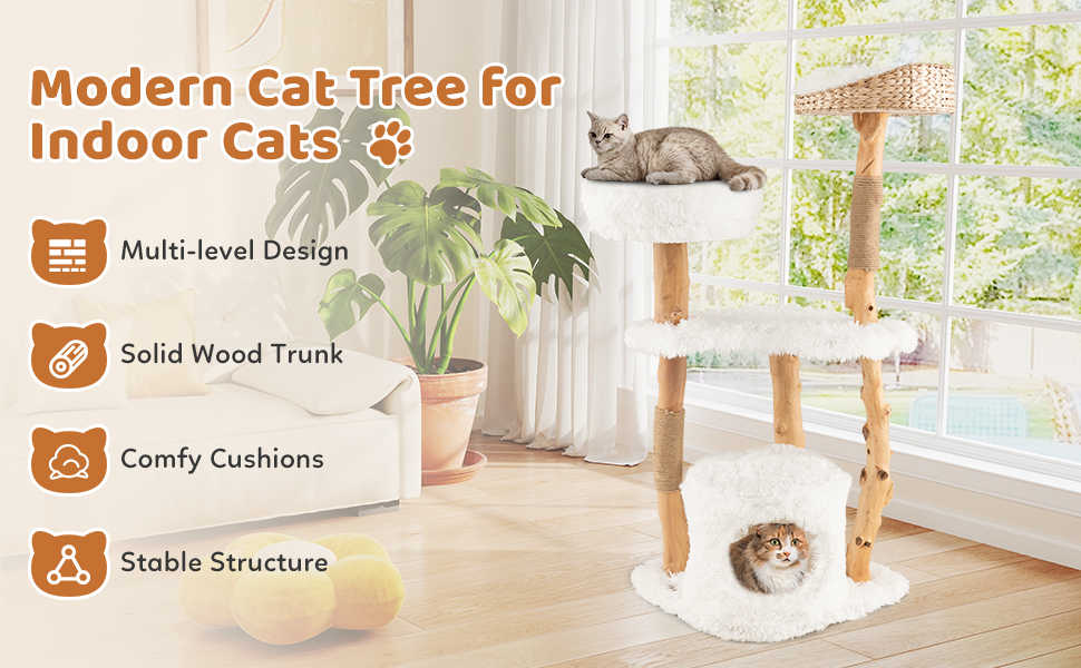 Дерев'яна кігтеточка SOARS для котів з 3 природними стовбурами, ліжком та плюшевими поверхнями, з іграшковим м'ячиком та джутовим мотузком, багатоповерхова, біла (124 см)