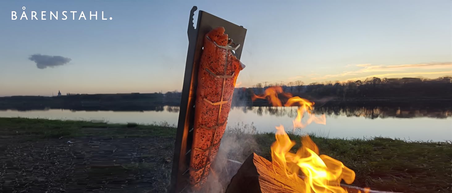 Bärenstahl Stainless Steel Salmon Grill Plank with Holder - Fireproof for Fire Pits & Charcoal Grills - Made in Germany