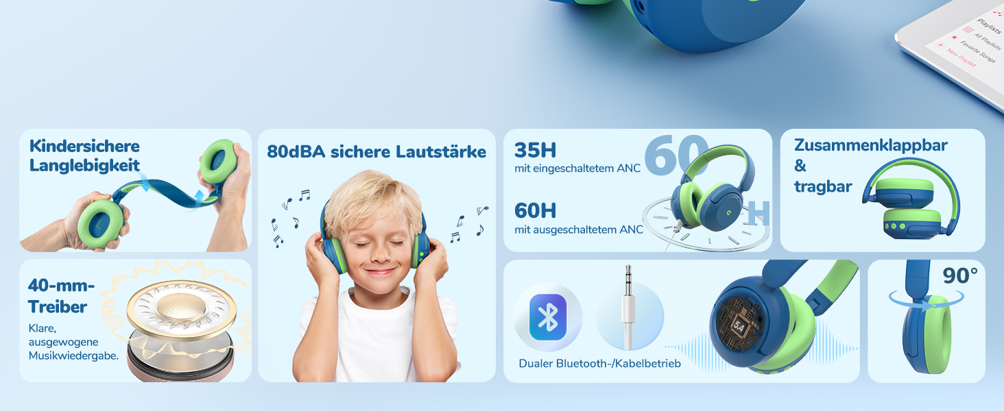 iClever Бездротові навушники з шумозаглушенням для дітей Bluetooth, 60 годин роботи, 80дБ безпечний рівень гучності, зручна посадка, Bluetooth 5.4, AUX кабель для подорожей, білий, зелений, блакитний