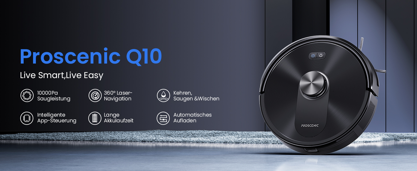 Робот-пилосос Proscenic Q10+ з функцією вологого прибирання, потужність 10000Па, лазерна навігація, керування через App, Alexa, Siri, для твердих підлог та килимів, чорний