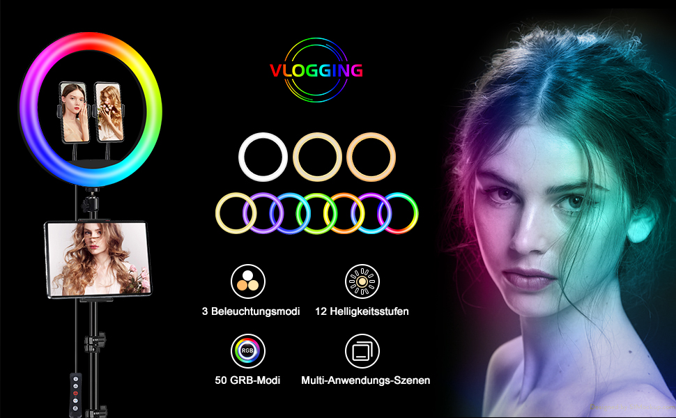 Кільцеве світло для зйомки відео 13 дюймів з штативом, 50 RGB режимів, регулювання яскравості, 193 см для YouTube, TikTok, макіяжу та фотографії