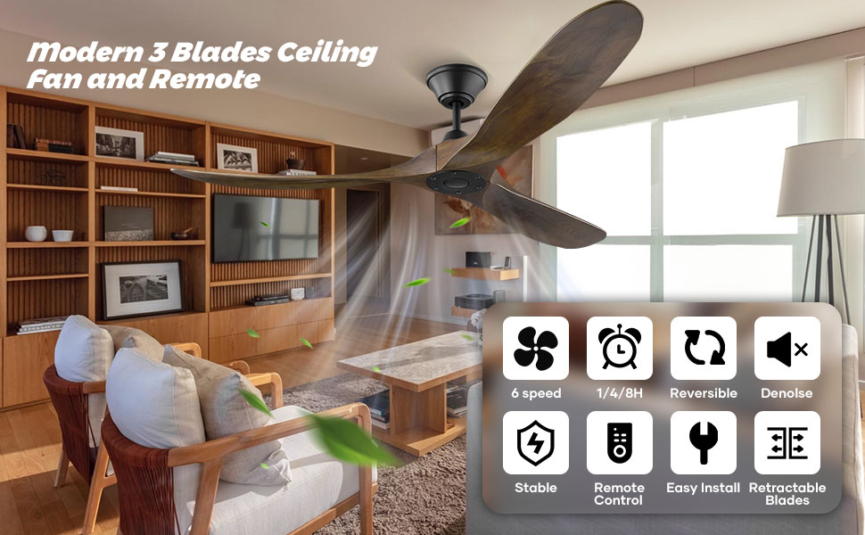 Дерев'яний стельовий вентилятор 152 см з дистанційним керуванням, 60 дюймів, 3 лопаті, DC-двигун, для дому та вулиці, таймер, коричневий