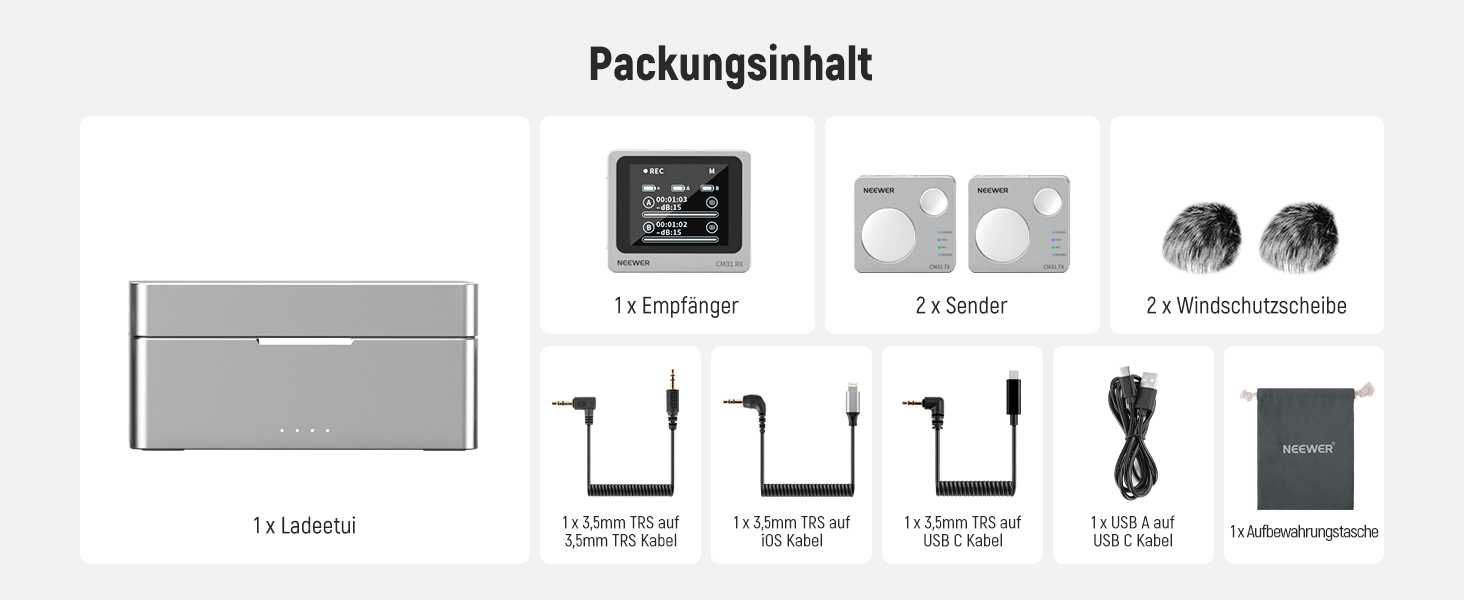 NEEWER Міні бездротове мікрофону, комплект 1RX+2TX+зарядний кейс, 150м радіус дії, для iPhone, iPad, Android, DJI, Insta360, PC, Mac