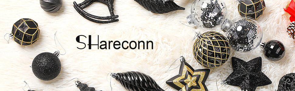 Набір з 100 штучних новорічних кулькок Shareconn, міцні, з гачками, різні розміри та дизайни, декор для ялинки, внутрішнє та зовнішнє прикрашання (чорний)