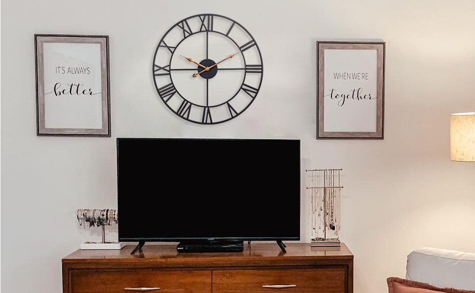 Large Wall Clock, European Industrial Vintage Wall Clock with Roman Numerals, Silent No Ticking Sounds Metal Wall Clock, Decorative Wall Clock for Living Room, Kitchen, Bedroom - 35cm, Black