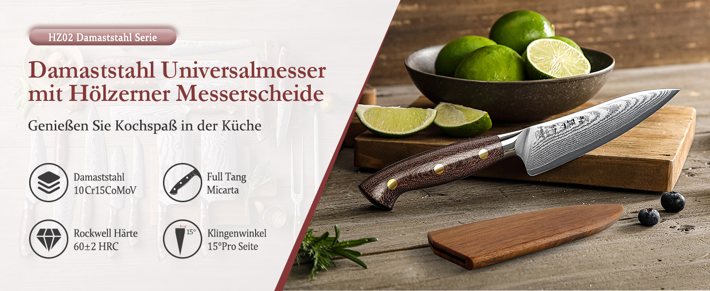 HEZHEN ніж кухарський 21 см дамаск 67 шарів, професійний ніж для кухні з дерев'яною піхвою, міцний ніж з ручкою Micarta
