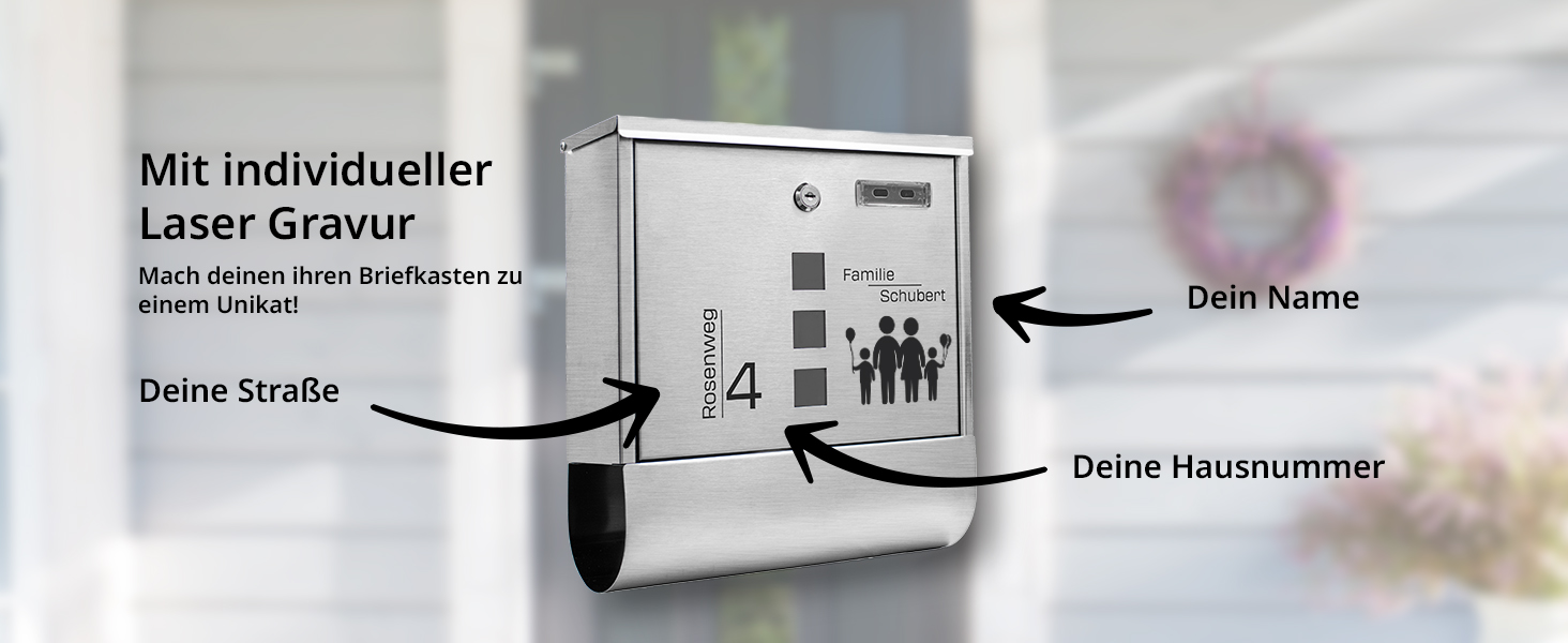Поштовий ящик Grafner з нержавіючої сталі, персоналізований з газетницею та 2 ключами. Гравіювання імені, вулиці та номера будинку. Комплект для монтажу (Сім'я 4)