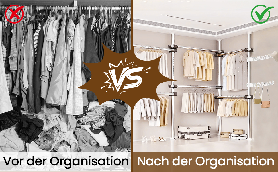 Телескопічна система для гардеробу: розширювана штанга для одягу з 6 штангами та 2 гачками, регульована полиця 110-300 см, для дому та магазину одягу, білий (срібний)