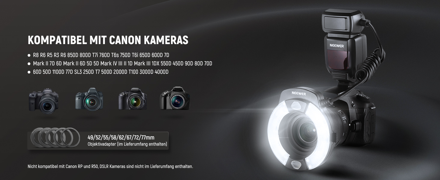 NEEWER RF1-S: Кольцевий спалах для Sony, Canon - 76W, GN15, 5600K, TTL, для макрозйомки та студійного освітлення