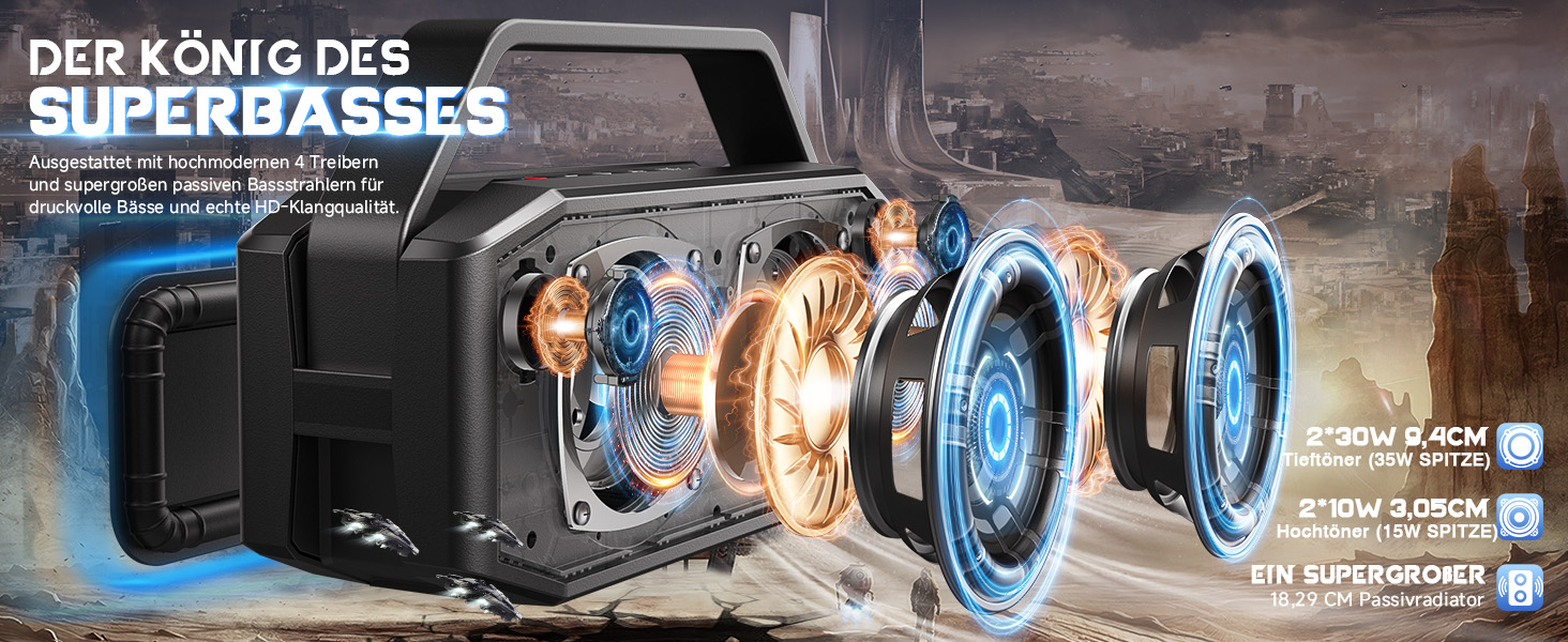W-KING Bluetooth Колонка 100W (Пікова потужність) - Портативна Колонка з Глибоким Басом, Power Bank, TF/AUX, EQ, IPX6, 40 годин роботи