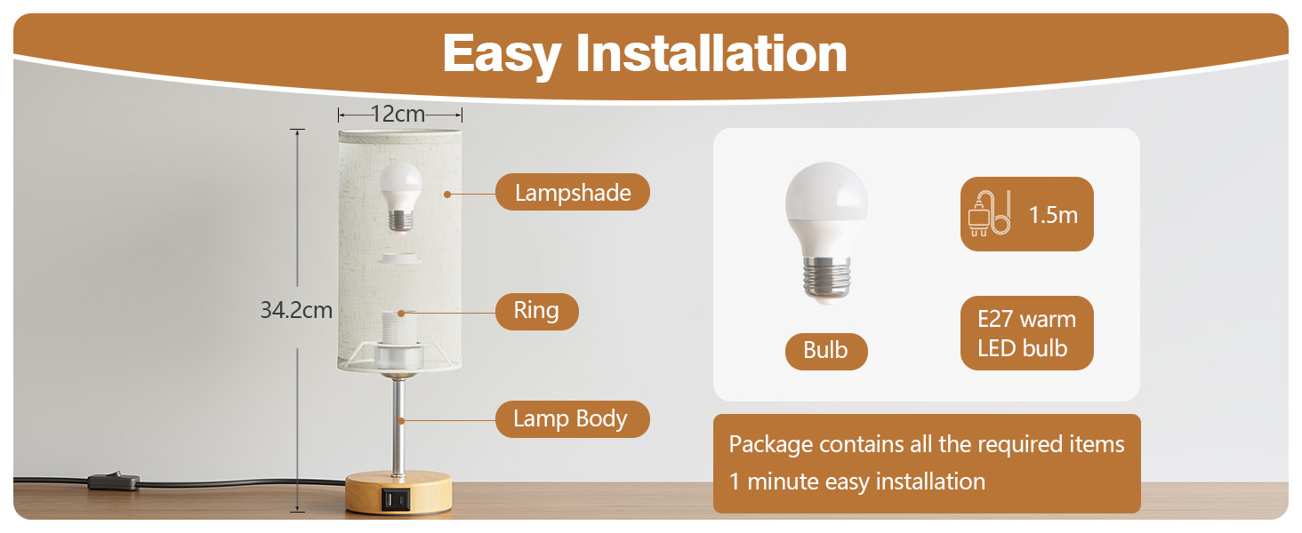 Нічна лампа UPXNBOR з USB-A та USB-C зарядкою, торшер з сенсорним керуванням та 3 рівнями тепла, для спальні та вітальні (E27 лампочка в комплекті), тканинний абажур