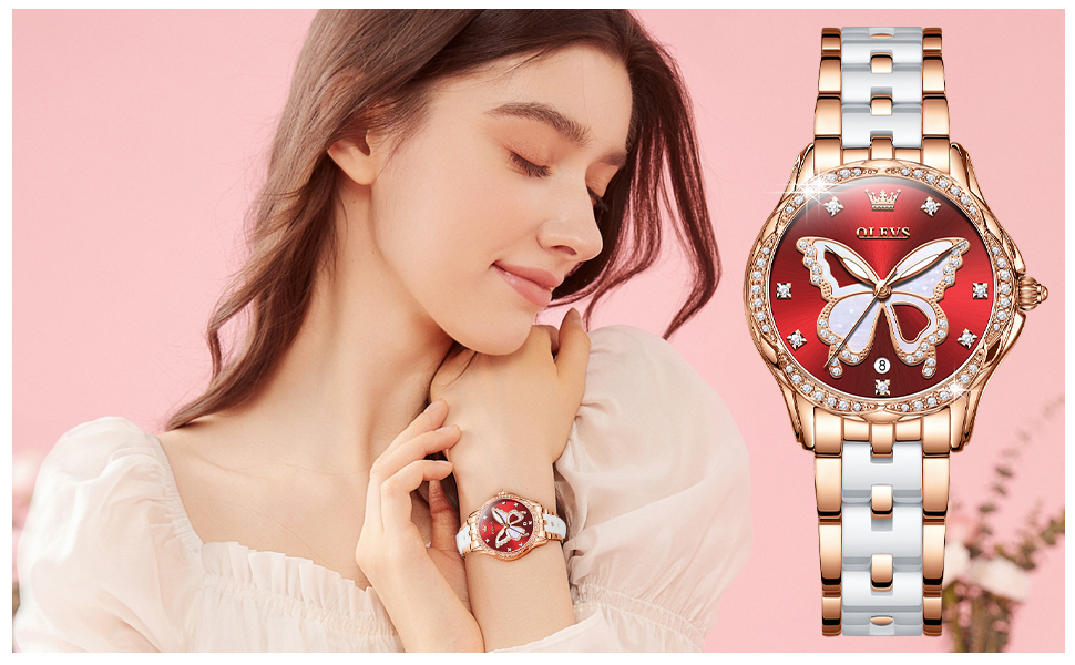 Годинник жіночий OLEVS з діамантами, елегантний, рожеве золото, керамічне скло, блакитний циферблат